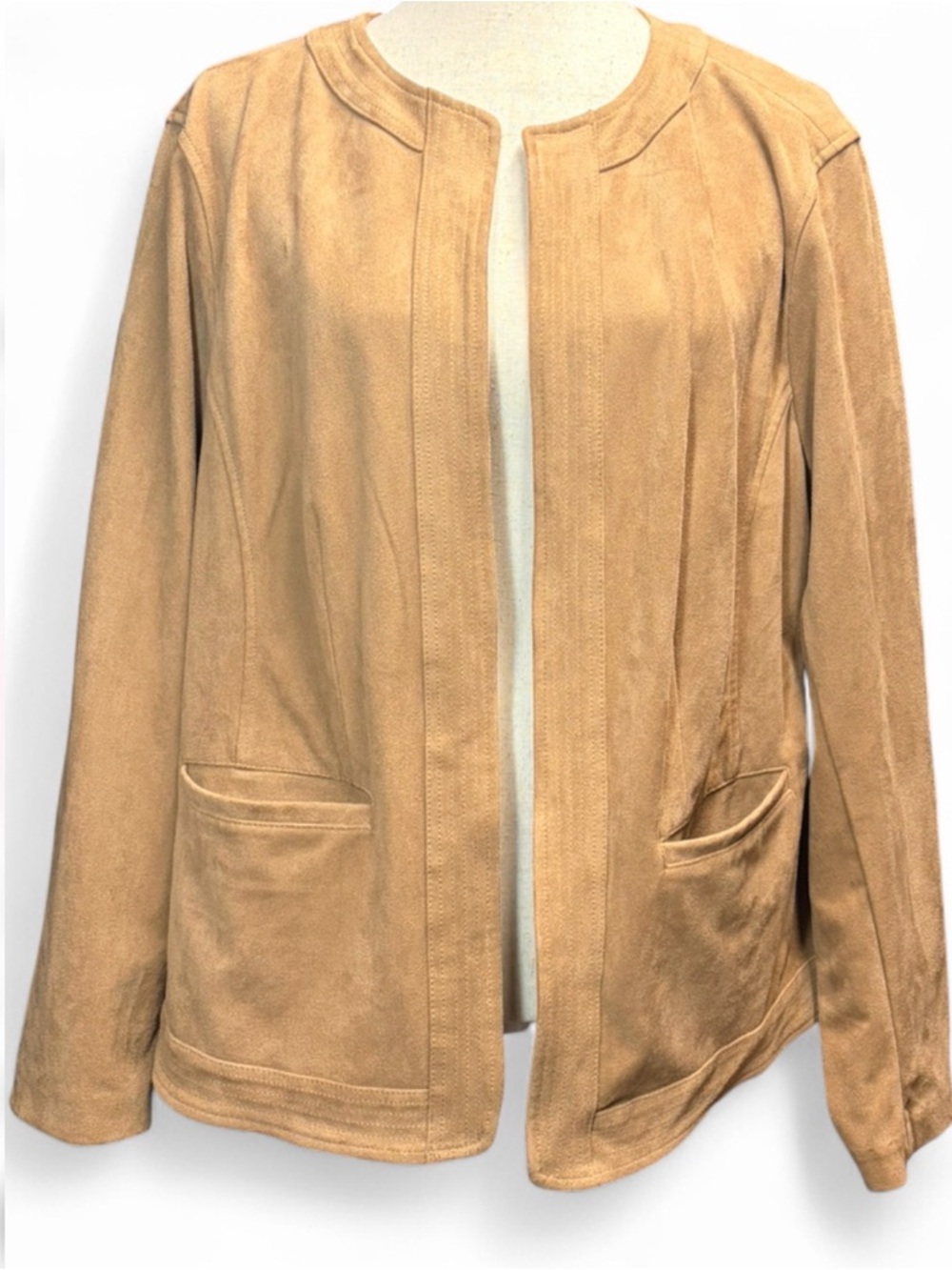 Charter Club 2X Faux Suede Open Front Jacket Camel Tan Spandex Flex Comfort
